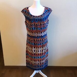 dressbarn Blue and Orange Geometric Midi Dress size 10P